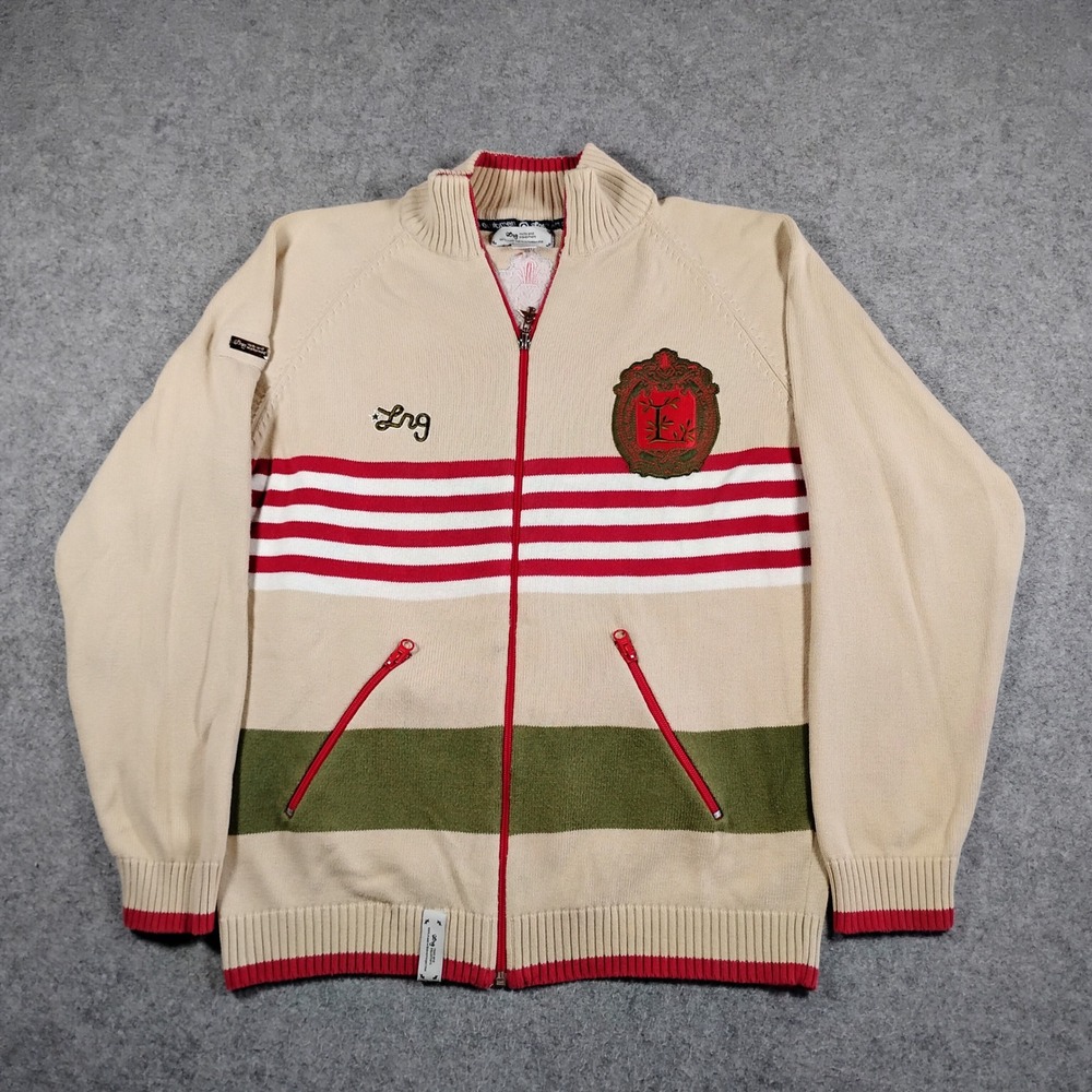 Y2K LRG Lifted Research Group Men Full Zip Cotton Sweater Beige Red Green Size M
